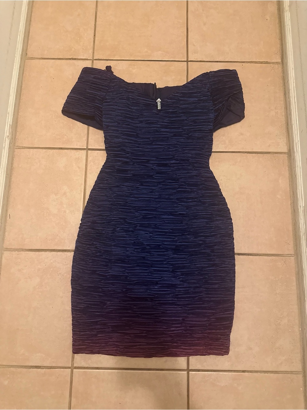 Off-Shoulder Textured Navy Sheath Dress